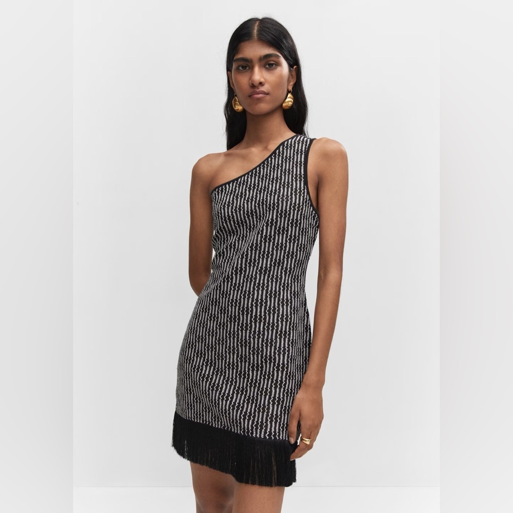 Mango asymmetrical black dress with fringe detail NWT